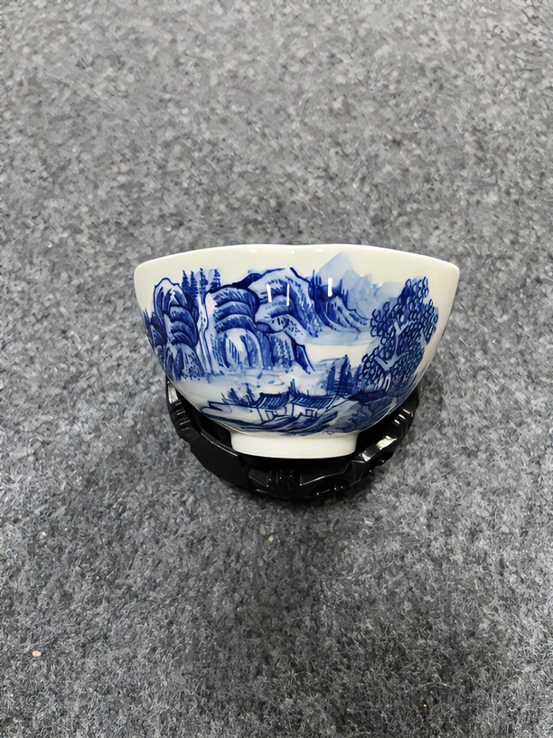 景德镇陶瓷手工手绘花口釉下工笔山水创意题材容量80cc主人杯