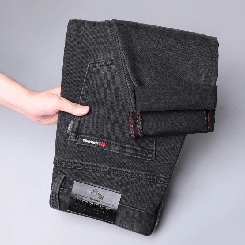 轻奢薄款高端高级灰男士时尚百搭牛仔裤修身小直筒弹力长裤子厚款