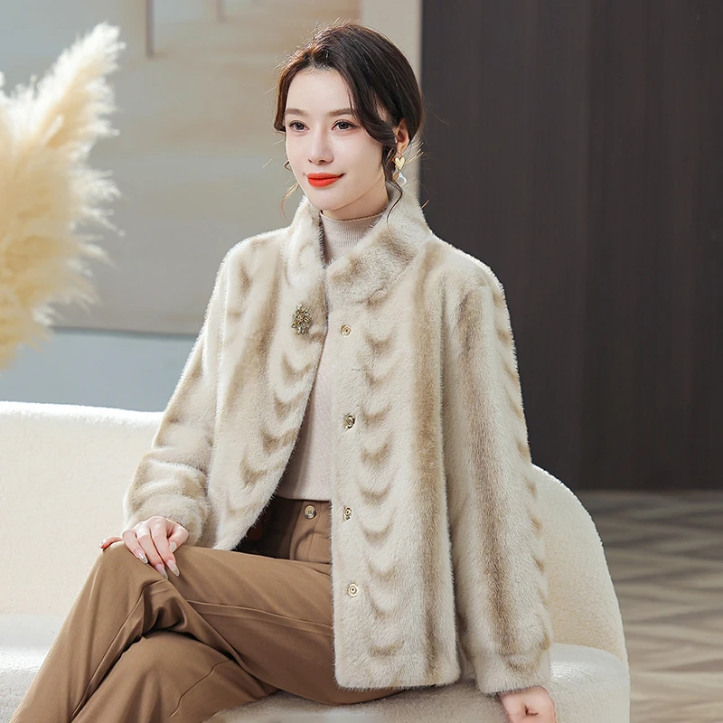 2024年女立领上衣大衣提花秋冬女士短外套宽松保暖冬季翻领开衫