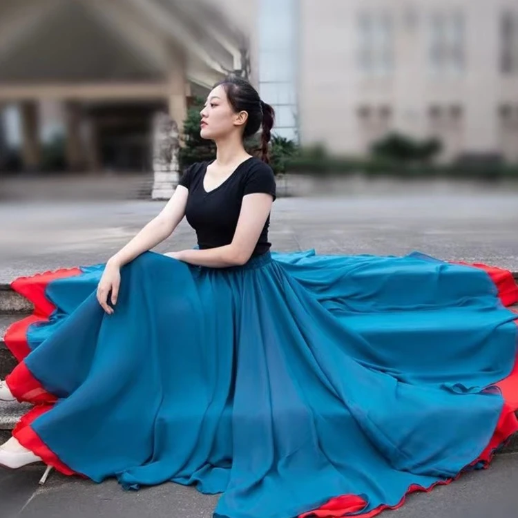 新款720度两面穿大摆半身裙古典舞蹈服女飘逸双层广场舞蹈演出服