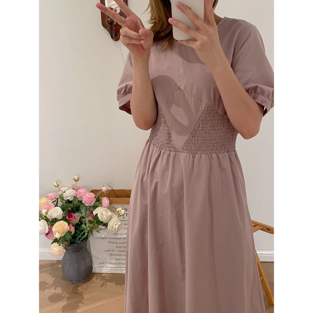 【杭州S姐 精品女装】法式粉色气质连衣裙温柔收腰a字长裙子05057