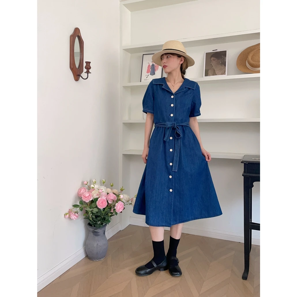 【杭州S姐 精品女装】收腰牛仔连衣裙女小个子高腰a字长裙子02184