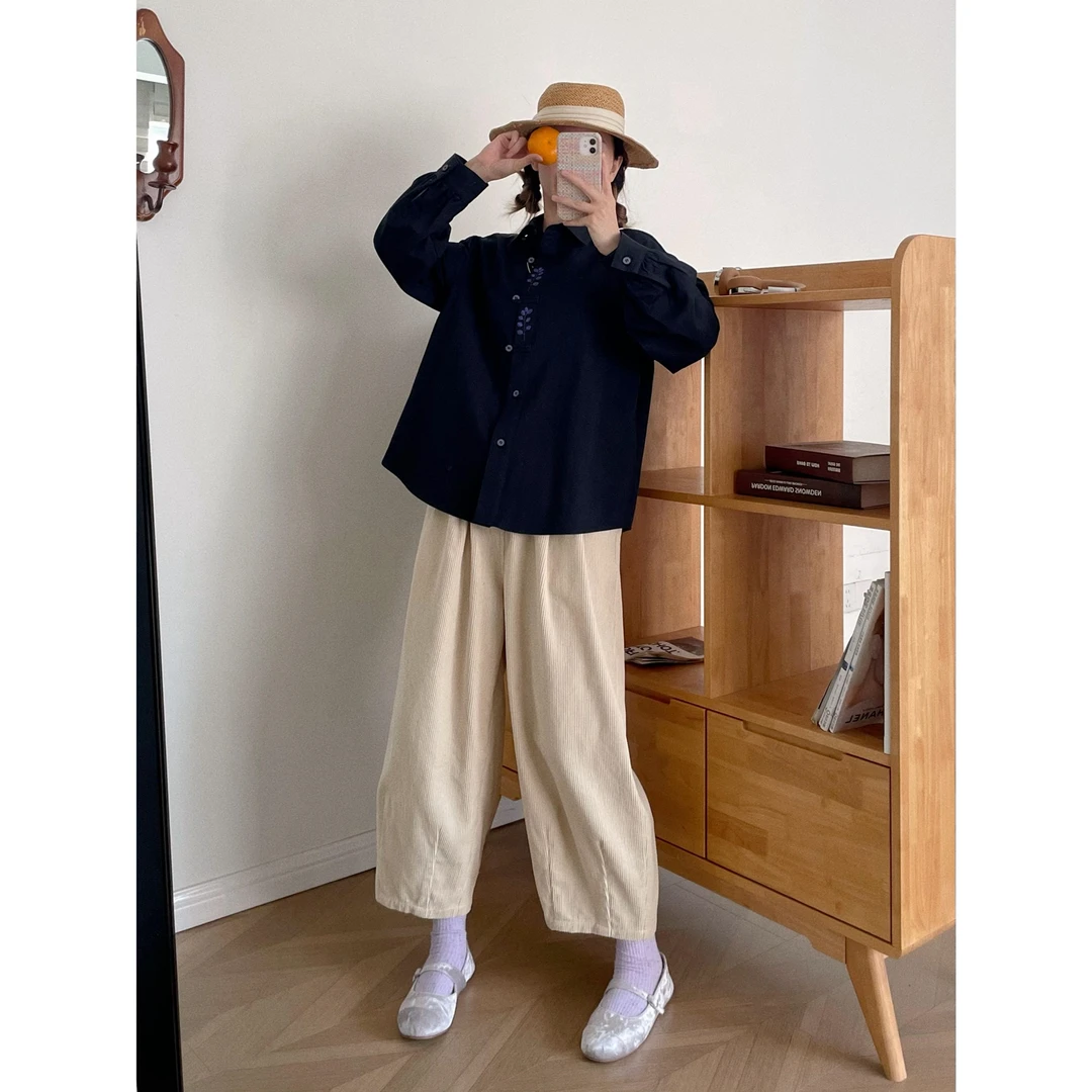 【杭州S姐精品女装】绣花黑色长袖衬衫女春秋季设计感小众上衣07054