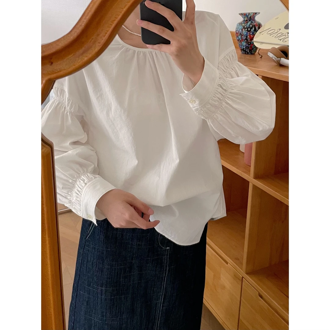 【微瑕】圆领白色长袖衬衫h05117