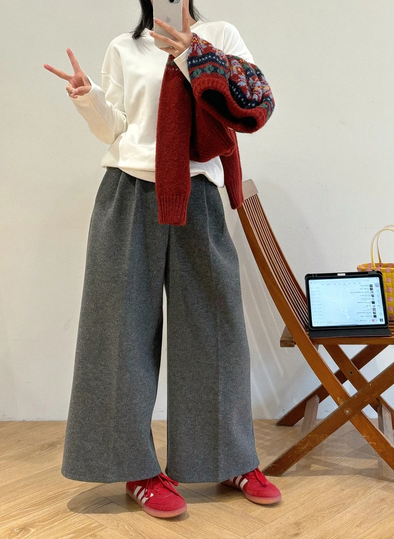 【孤品】毛呢加绒休闲裤女高腰直筒加厚阔腿裤子h23054