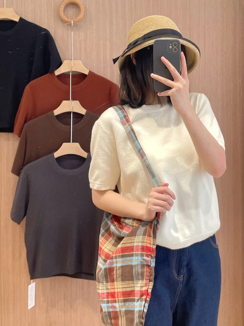 【杭州S姐精品女装】圆领短袖针织衫休闲百搭打底衫显瘦上衣19107