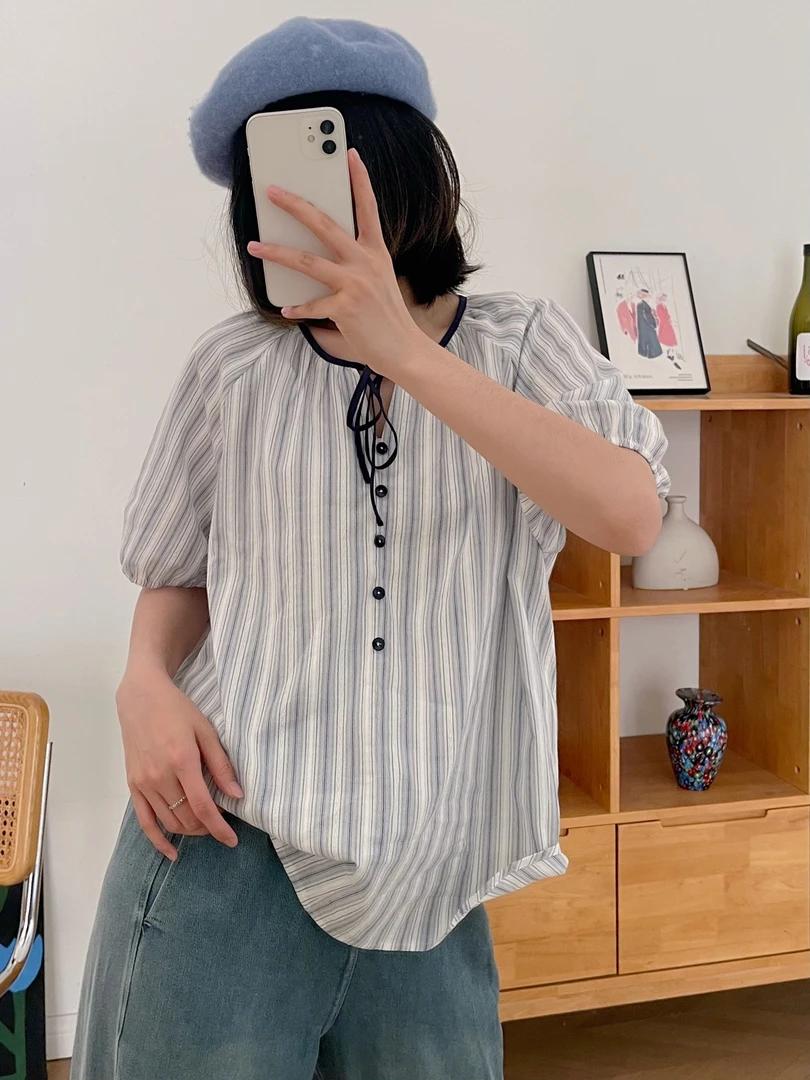 【杭州S姐精品女装】条纹上衣女设计感小众系带圆领短袖衬衫05074