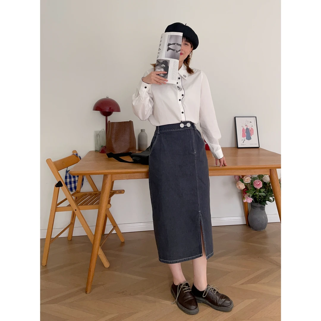 【杭州S姐精品女装】高腰牛仔半身裙女开叉半裙中长款包臀裙子06025