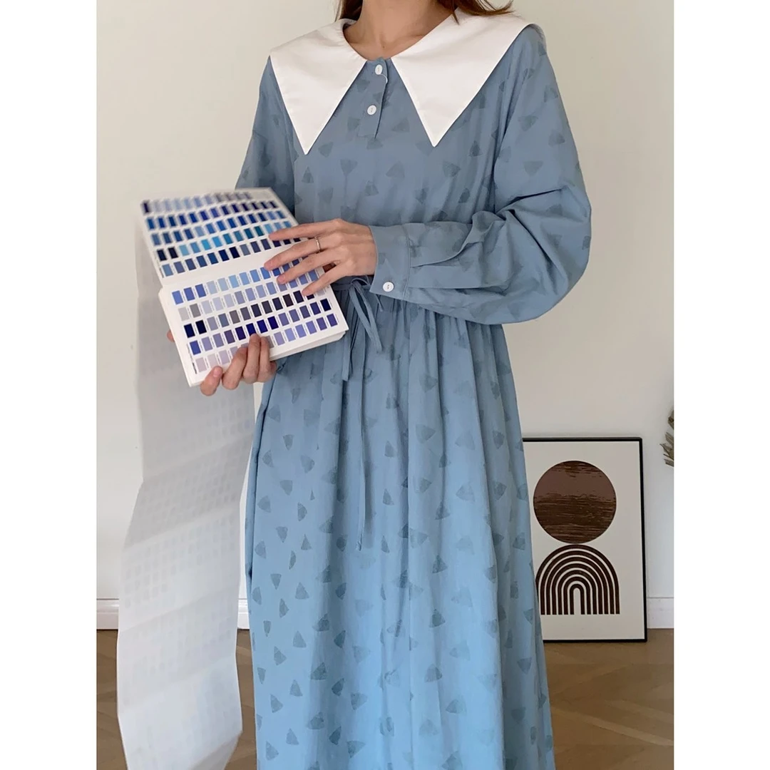 【杭州S姐精品女装】法式拼色娃娃领连衣裙女收腰气质长裙子f11182