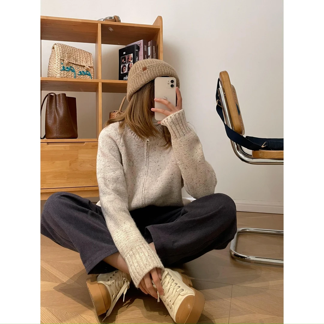 【杭州S姐 精品女装】点点纱拉链针织开衫女秋冬毛衣外套上衣23673