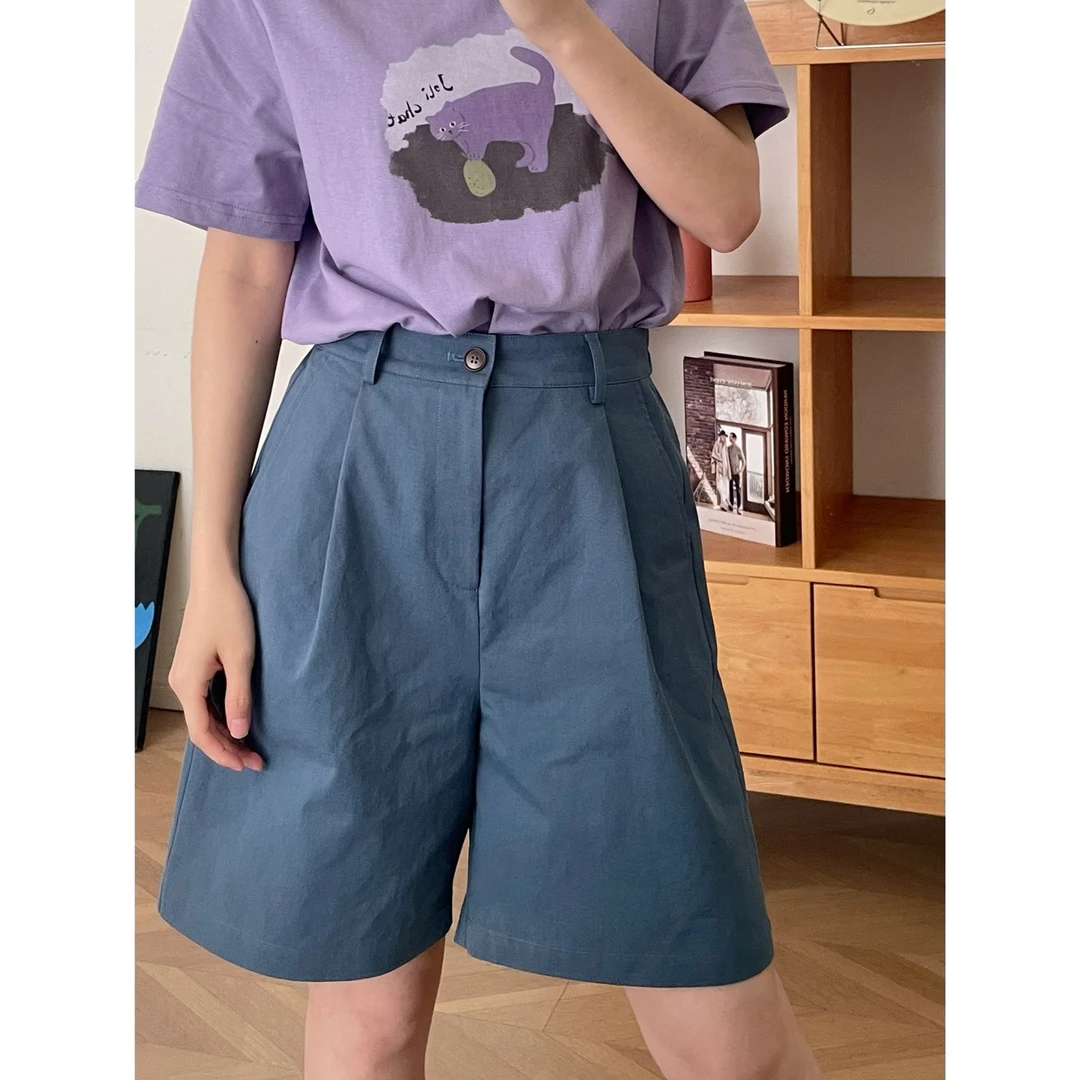 【杭州S姐女装】蓝色休闲短裤女高腰阔腿五分裤子西装工装裤04015