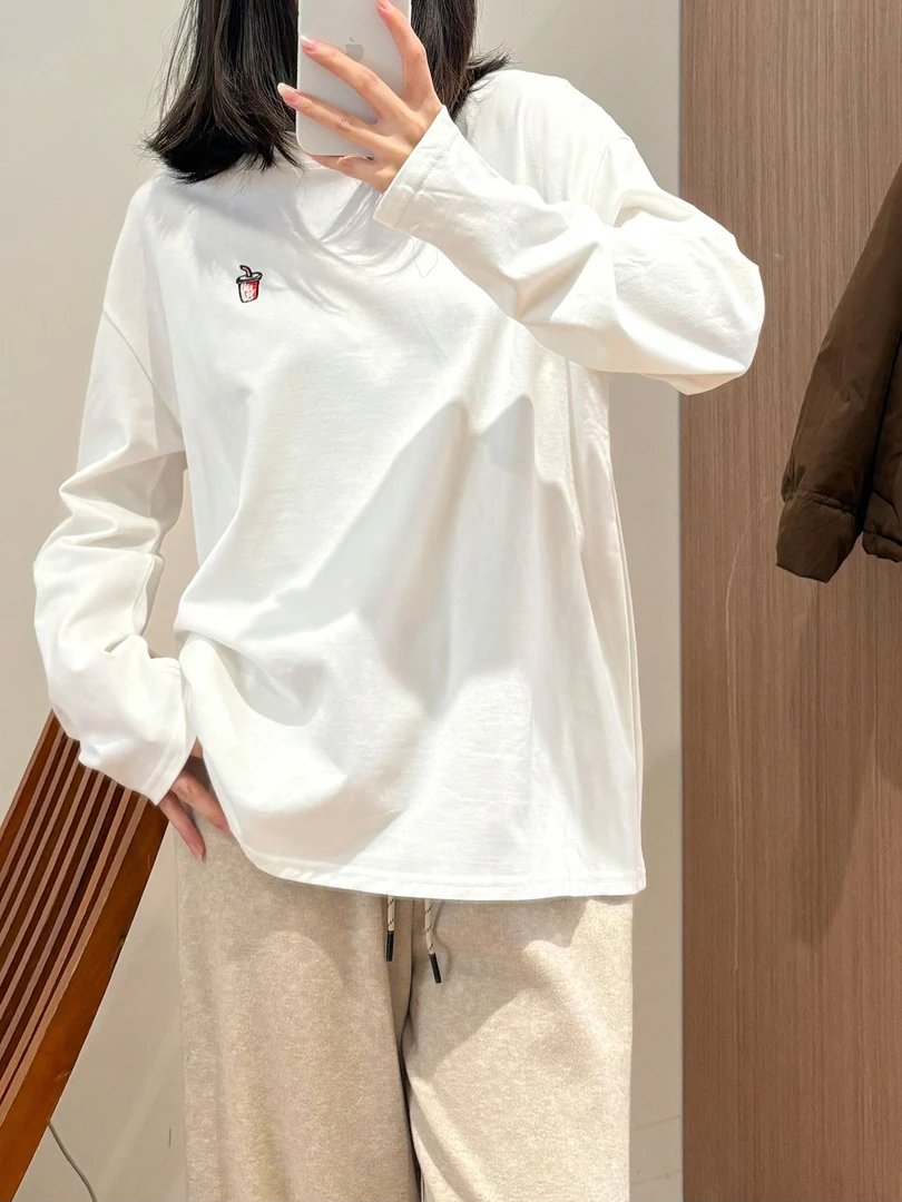 【杭州S姐精品女装】可乐刺绣面磨毛长袖T恤女秋宽松百搭上衣23006