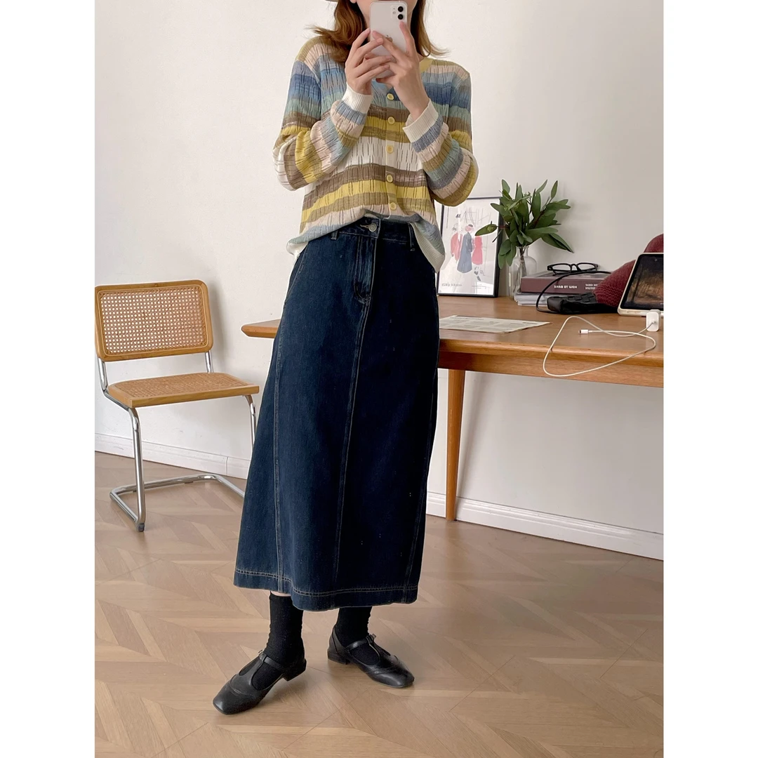 【杭州S姐 精品女装】高腰开叉牛仔半身裙秋季新款a字中长裙子23557