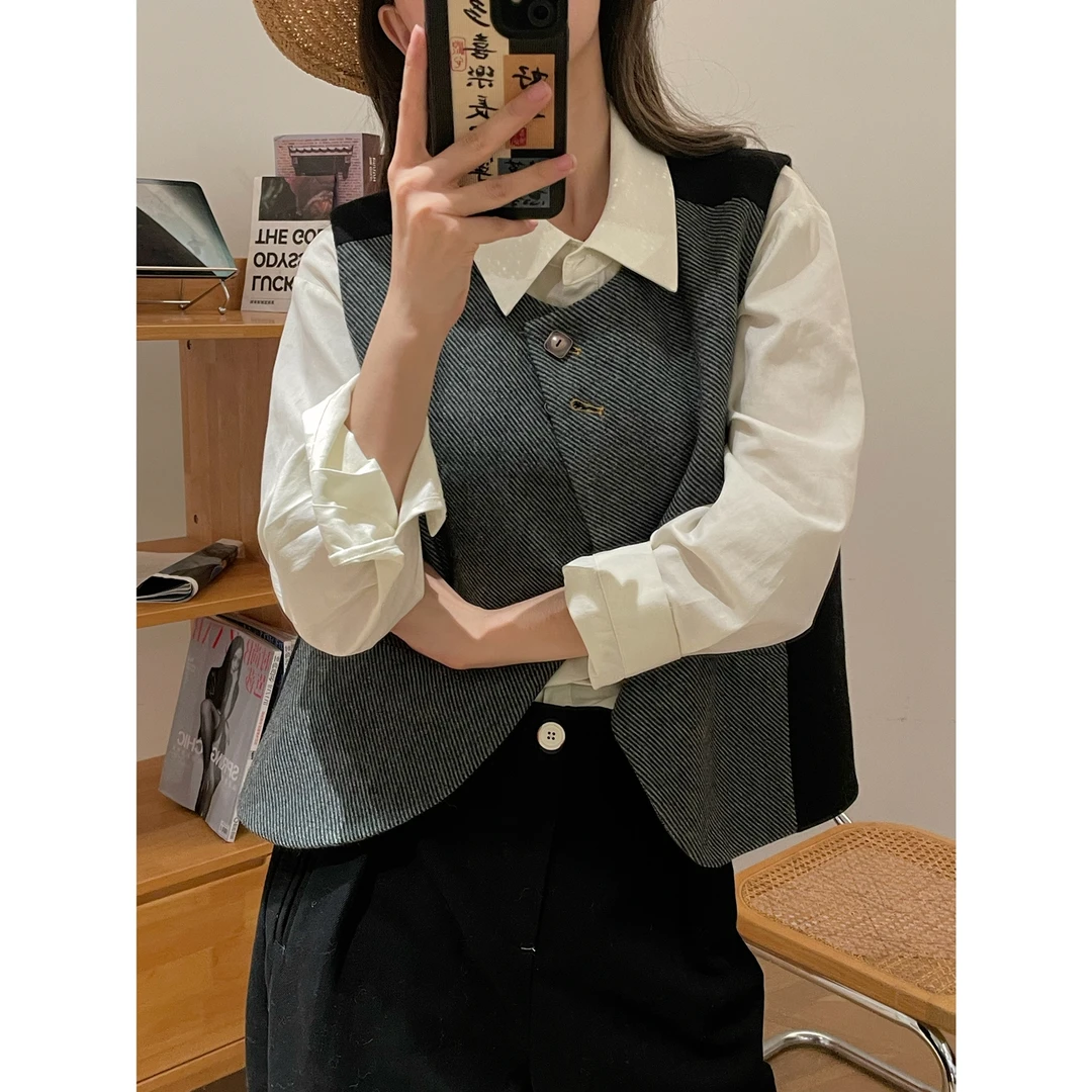 【杭州S姐精品女装】斜纹毛呢马甲背心女复古叠穿坎肩无袖外套07188