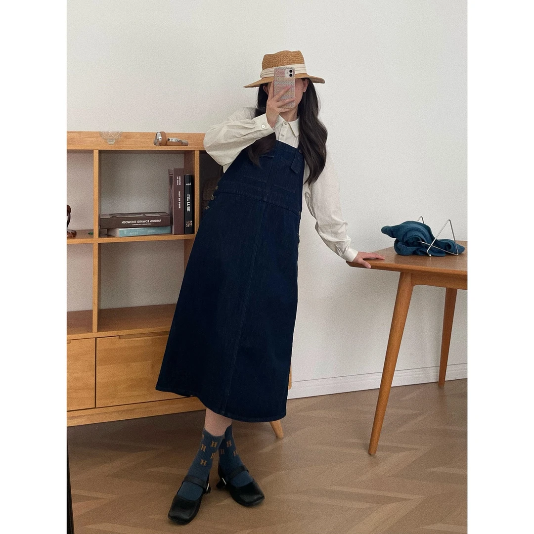 【杭州S姐精品女装】复古牛仔背带裙秋季高腰显瘦中长款连衣裙06067