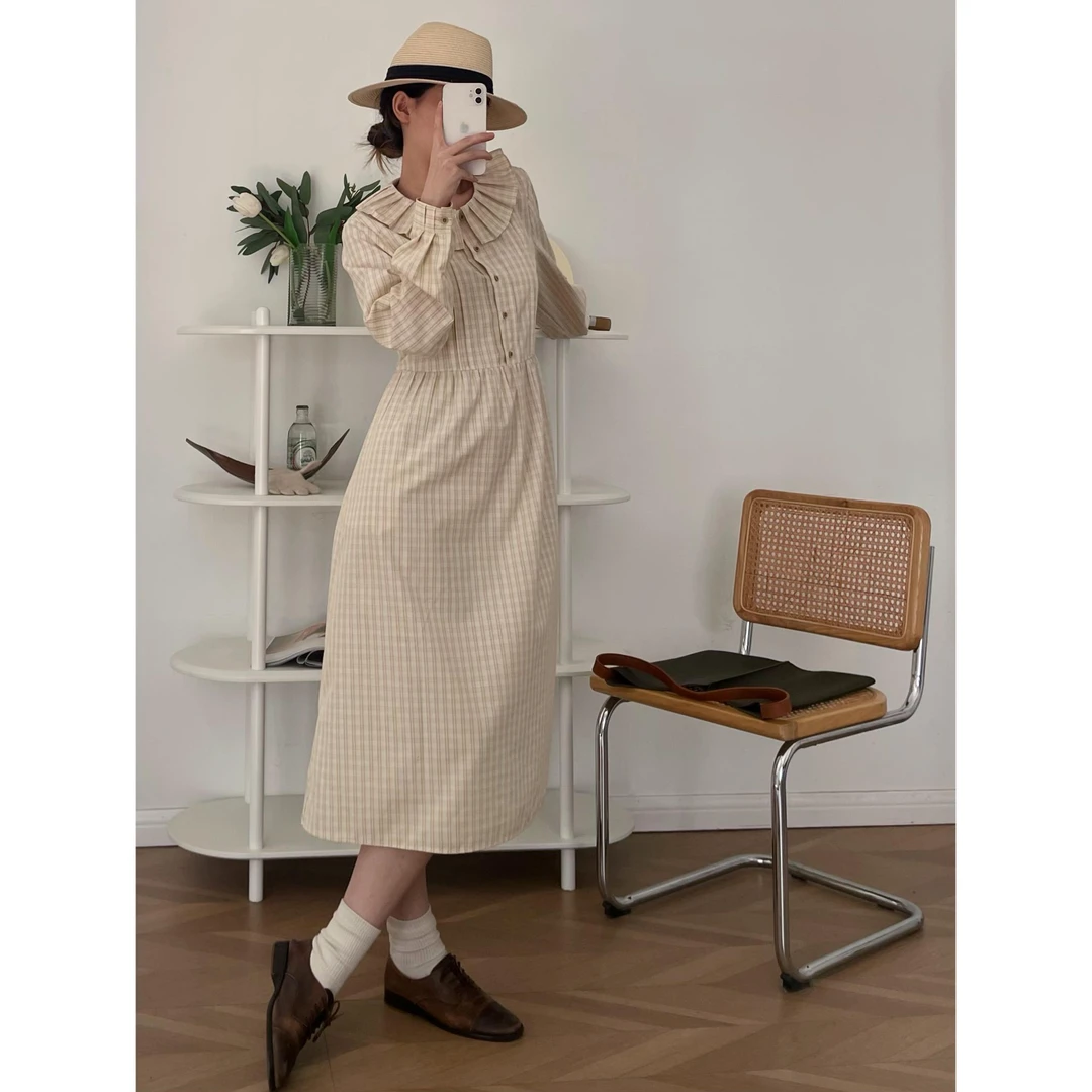 【杭州S姐精品女装】格子宽松连衣裙女设计感荷叶领过膝长裙11124