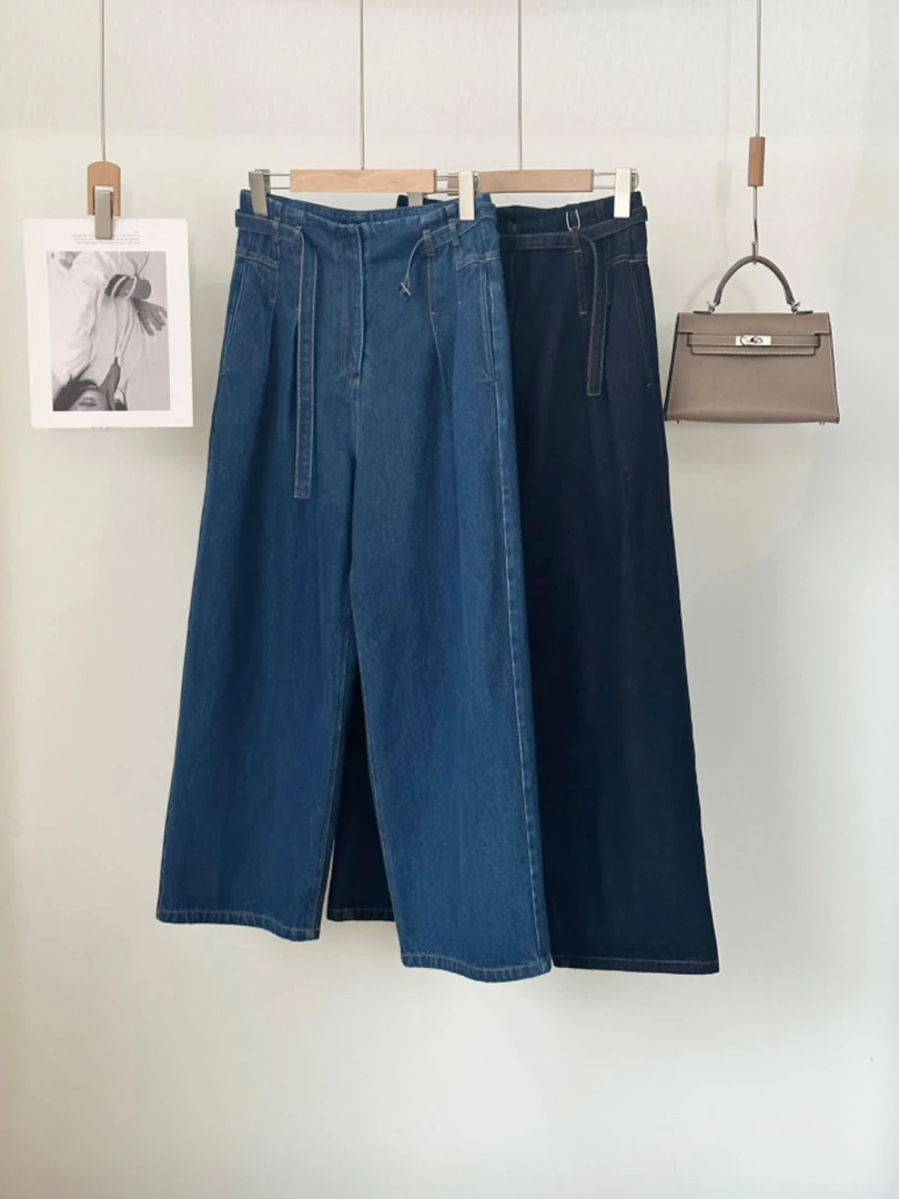 【杭州S姐精品女装】配腰带牛仔阔腿裤女高腰宽松显瘦直筒裤子05165