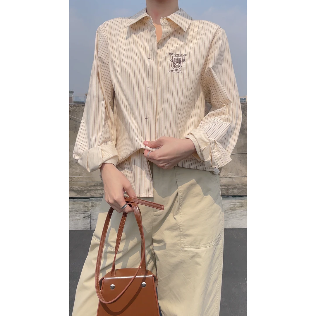 【杭州S姐精品女装】条纹绣花长袖衬衣女设计感休闲衬衫上衣10012