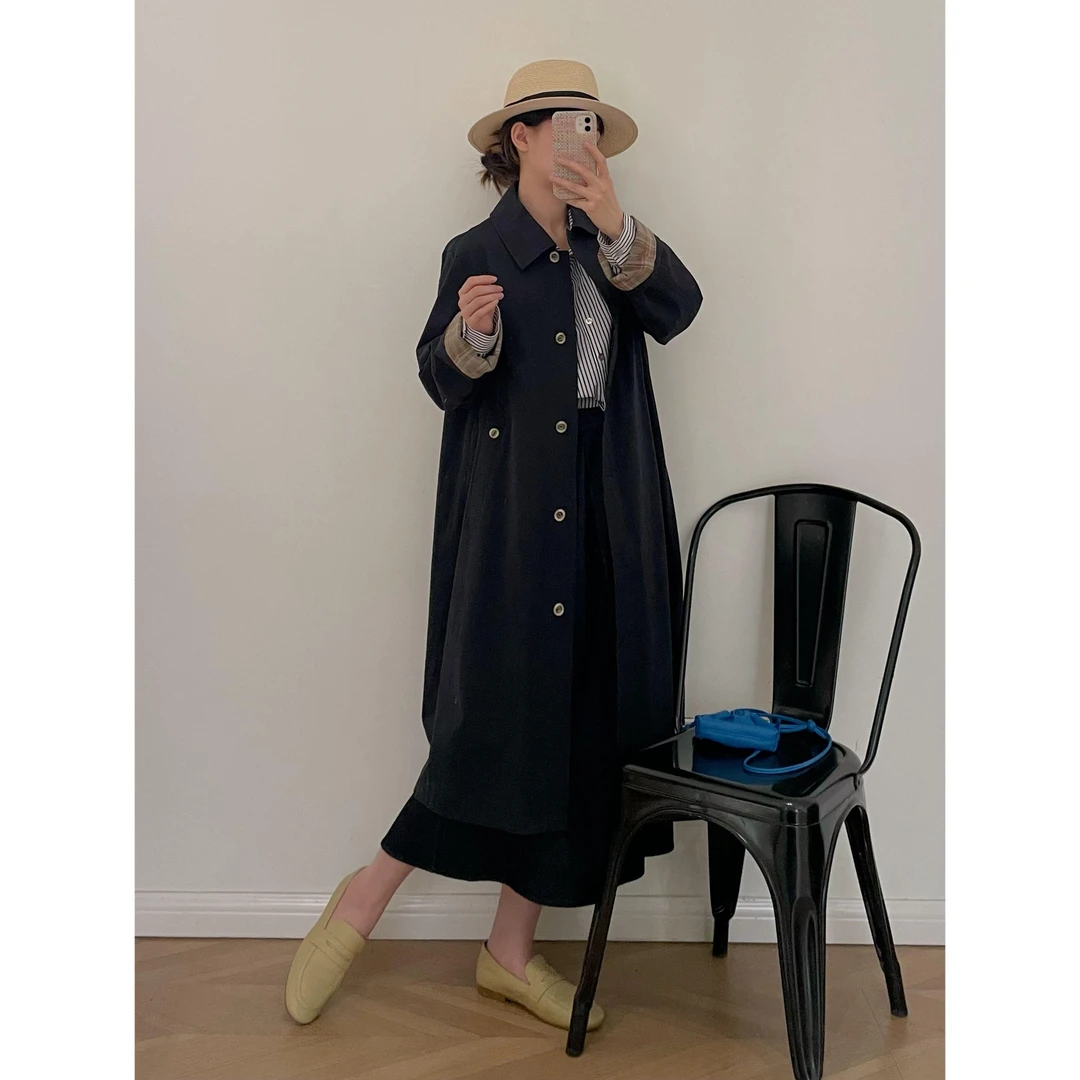 【杭州S姐精品女装】复古藏青色风衣女中长款百搭宽松大衣外套10076