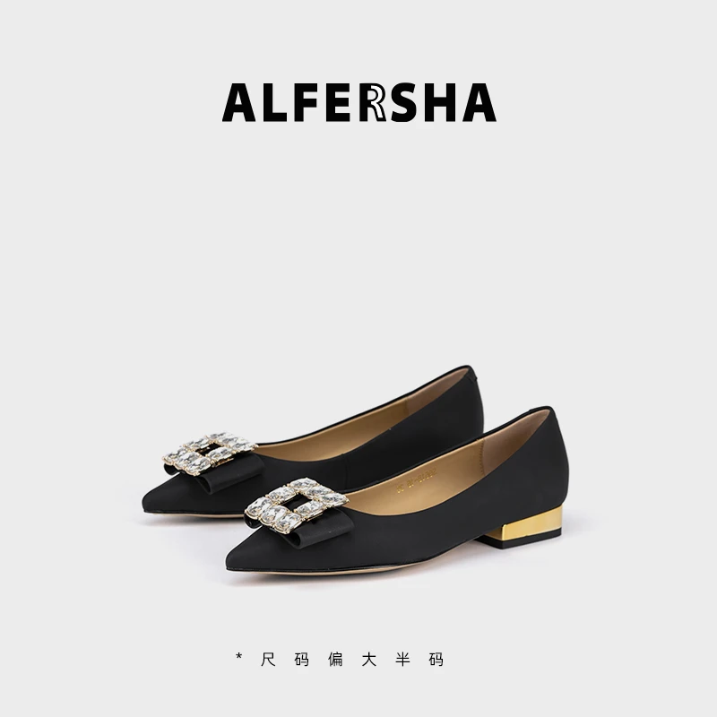 2025春款黄奕代言阿芙莎661816春季百搭水晶方扣低跟尖头单鞋