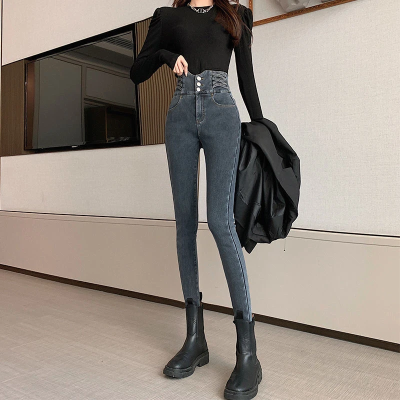 2022年秋新款设计感显瘦紧身小脚铅笔裤潮高腰牛仔裤女AA