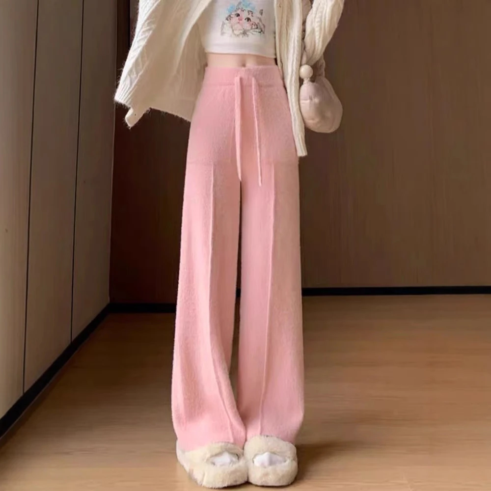 秋冬新款抽绳仿水貂绒直筒裤女高腰宽松百搭阔腿裤粉色软糯针织裤