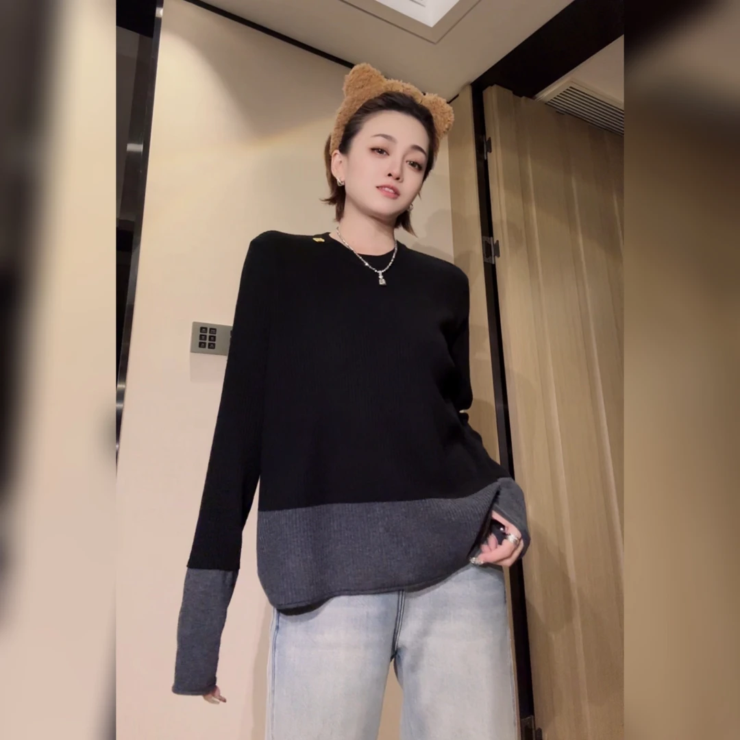 简约气质款拼接撞色正肩显瘦针织衫毛衣