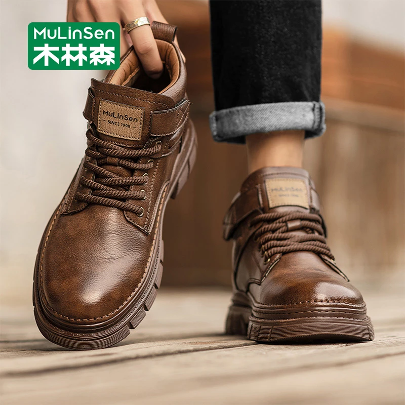 木林森马丁靴男款冬季英伦风复古高帮皮鞋厚底增高男士中帮工装靴