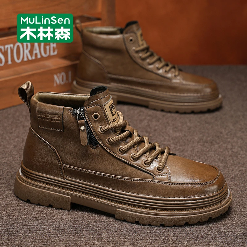 木林森高帮马丁靴男鞋2024新款秋冬季厚底增高男士拉链中帮工装靴