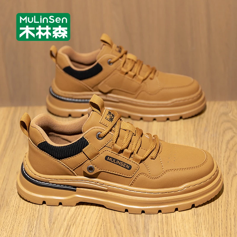 木林森休闲男鞋2024新款皮面马丁工装鞋秋冬季潮增高运动复古板鞋
