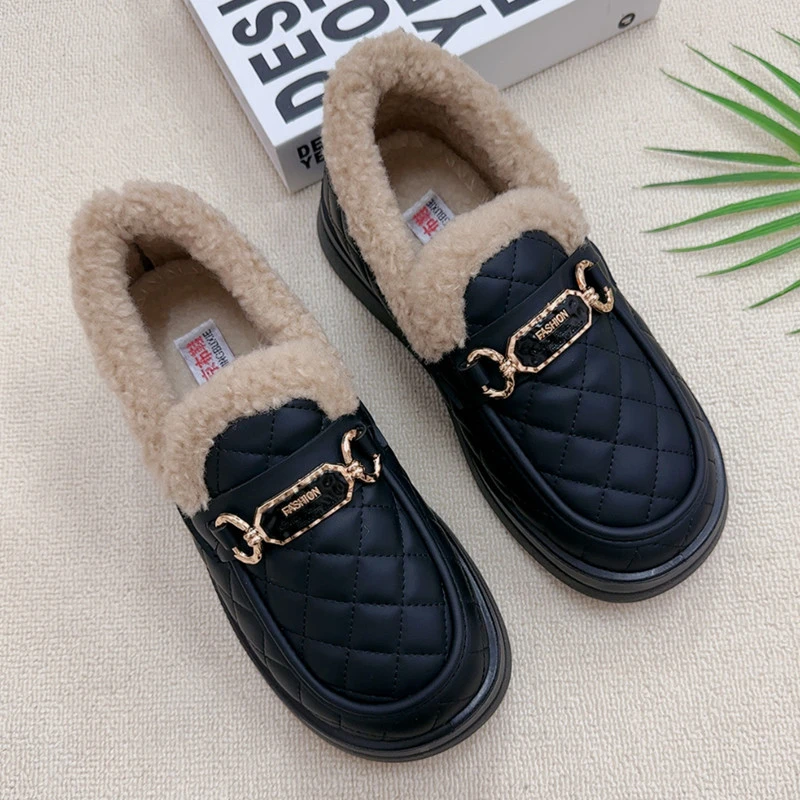 乐福鞋2025冬季新款加绒外穿老北京布鞋女棉鞋厚底防滑休闲毛毛鞋