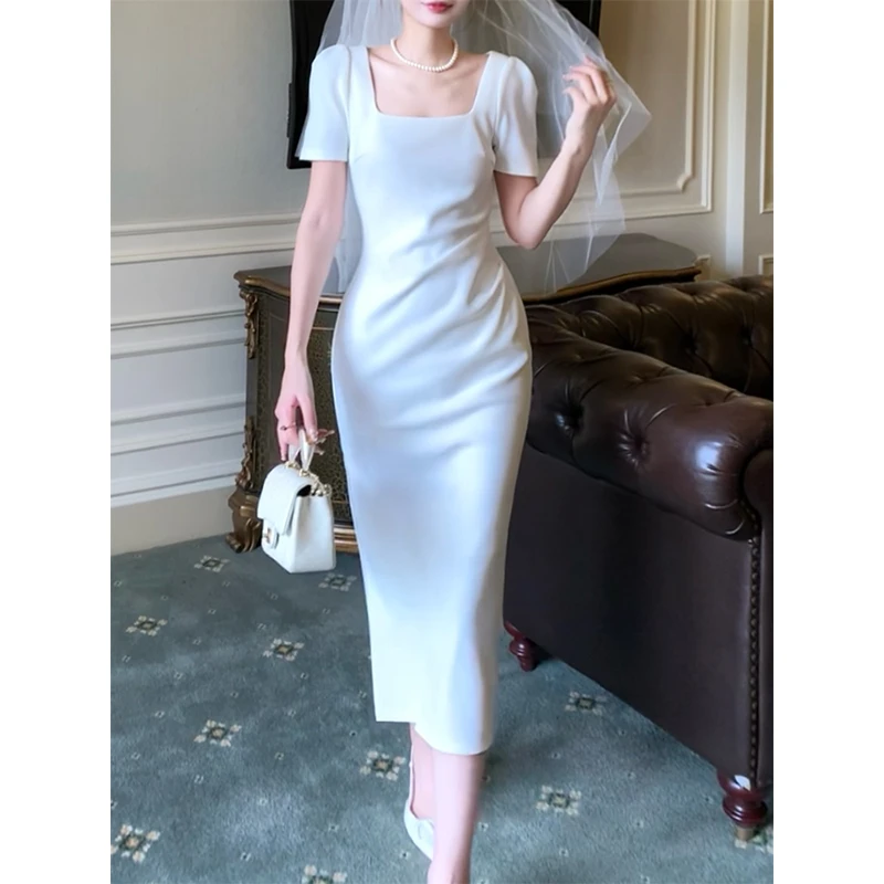 顾伊GUYI【知瑕】法式方领短袖连衣裙修身领证小白裙长款订婚礼服