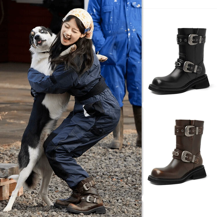 牛皮~昭仪同款真皮英伦风短靴中筒厚底马丁靴女美拉德辣妹西部靴