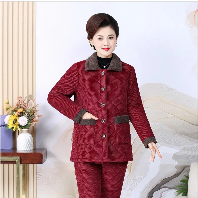 中老年妈妈装2024大气百搭显瘦冬季抗寒保暖加绒加厚棉衣两件套
