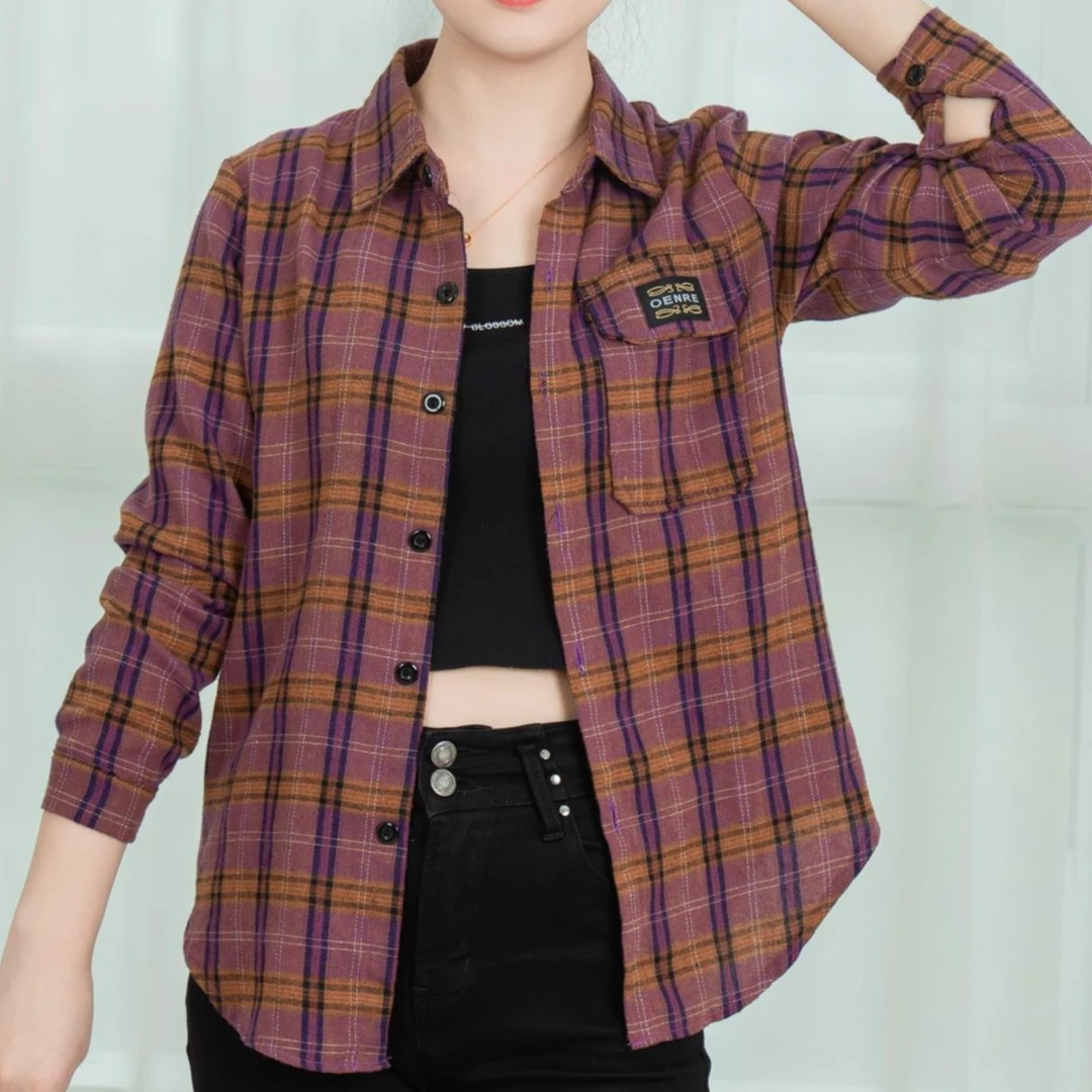 衬衫春秋时尚休闲百搭格子衬衫宽松格子大码妈妈装YT-6015