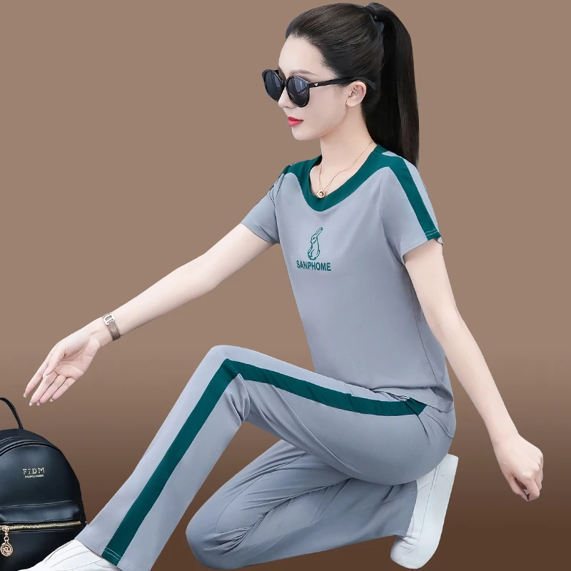 冰丝运动套装女夏季2025新款时尚洋气显瘦圆领短袖长裤休闲两件套