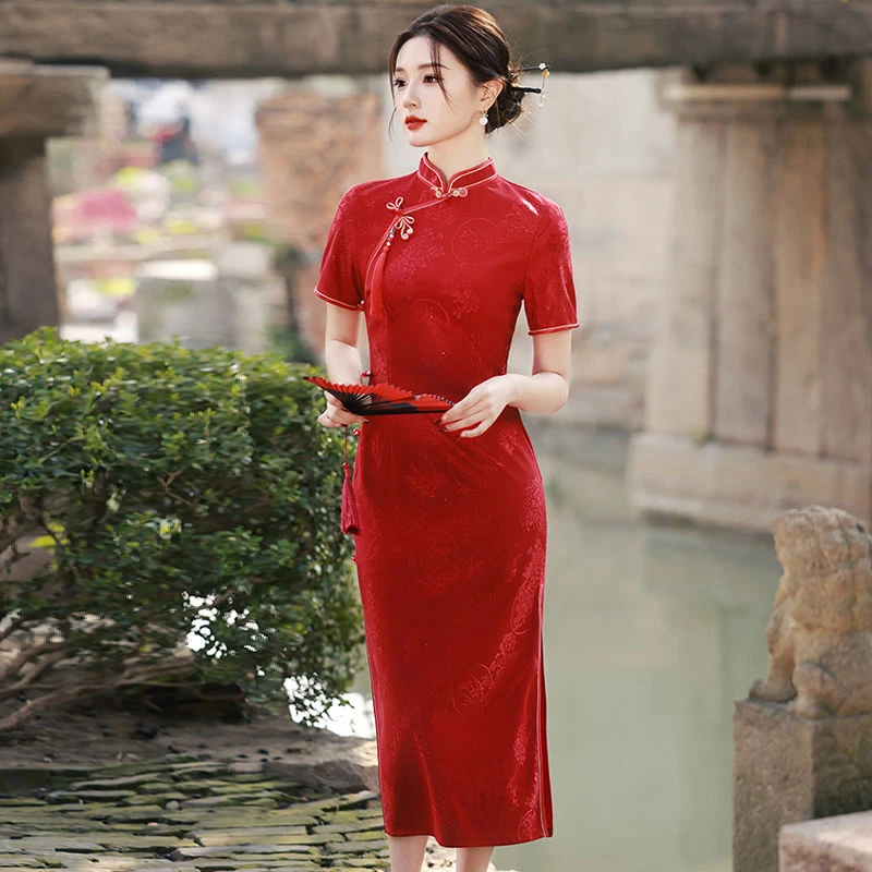 旗开得胜送考旗袍夏季新款改良连衣裙提花年轻长款红色旗袍敬酒服