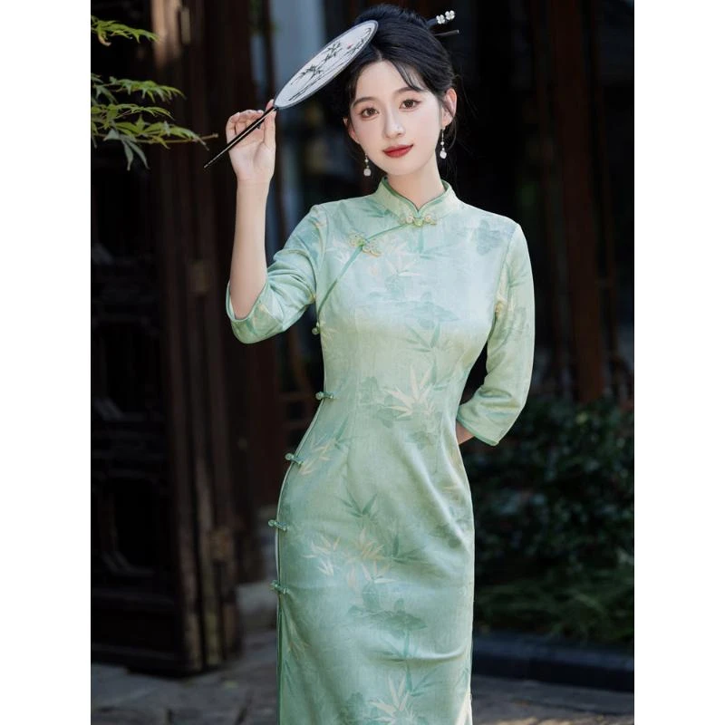 高档旗袍长款七分袖连衣裙秋季新款气质复古中国风改良日常年轻款