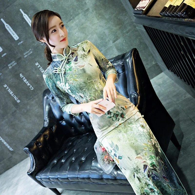 2024新款旗袍七分袖双层旗袍长款连衣裙复古优雅改良版旗袍女