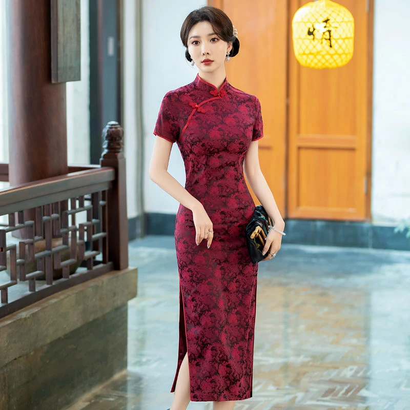 高档新中式改良旗袍织锦提花新款气质修身喜妈妈婚宴礼服连衣裙女