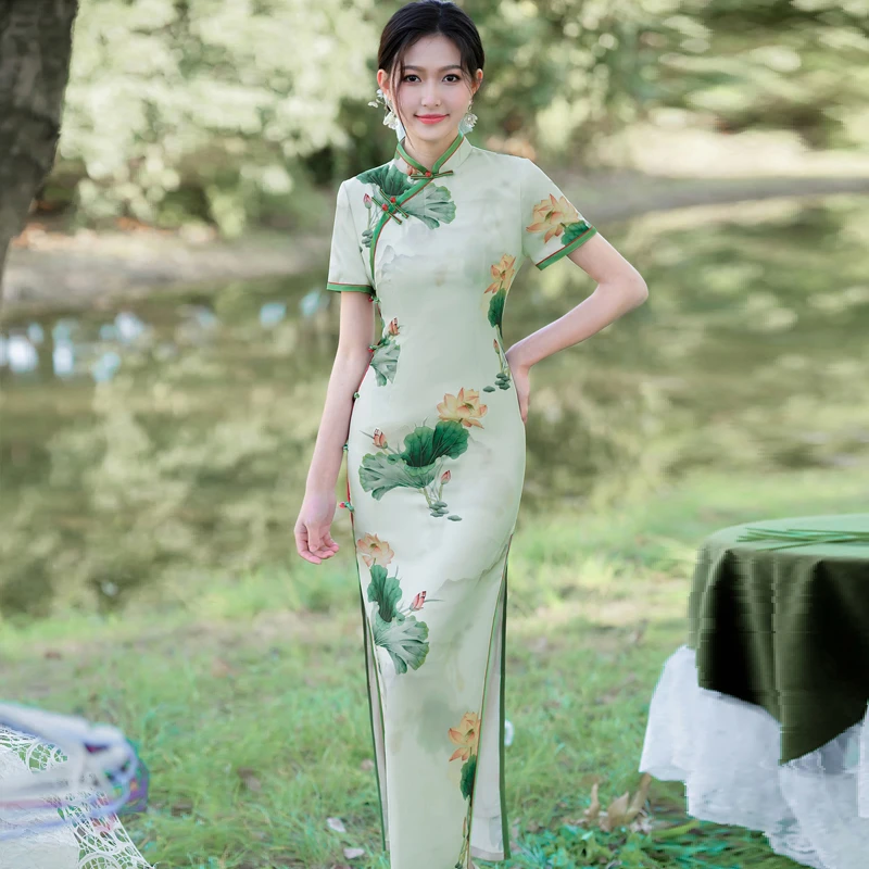 高档新款旗袍女长款改良绿色年轻款双层修身气质中国风礼服连衣裙