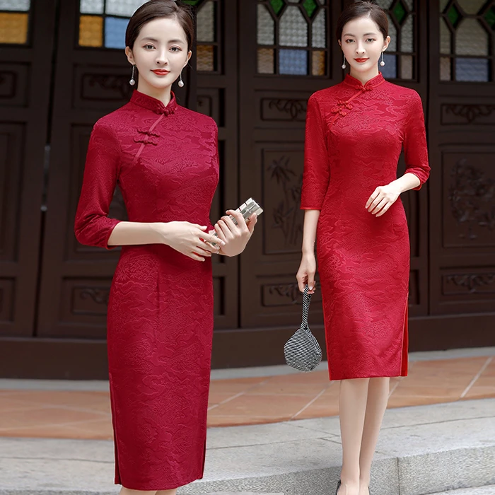 高档旗袍连衣裙红色2024春季新款提花弹力喜妈妈气质中国风旗袍女