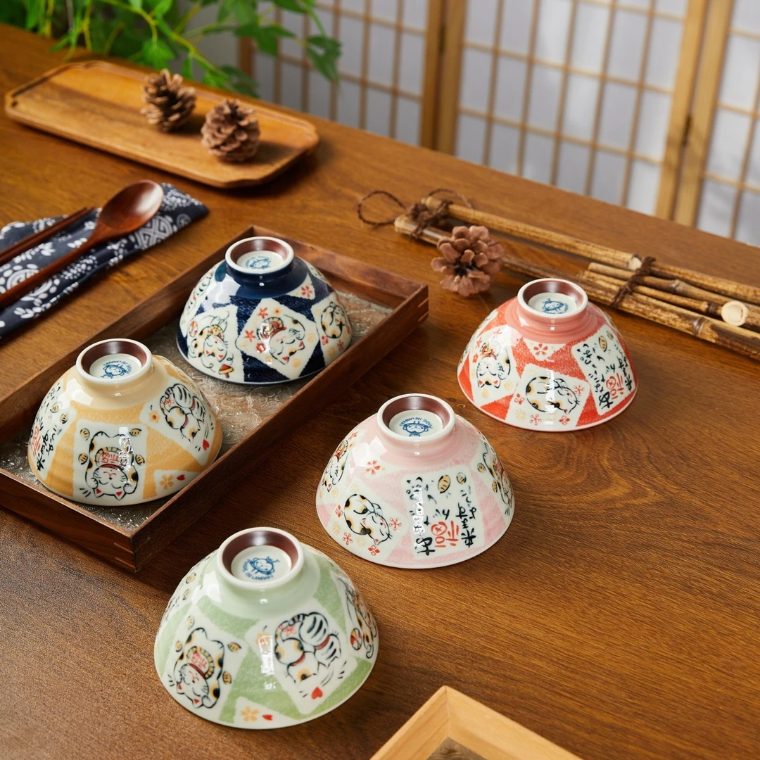 招福三花猫日式釉下彩卡通陶瓷饭碗日式陶瓷米饭碗颜值餐具五入碗