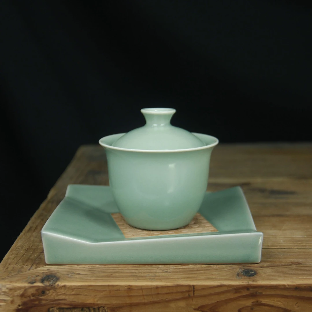 龙泉青瓷豆青三才大号纯手工盖碗