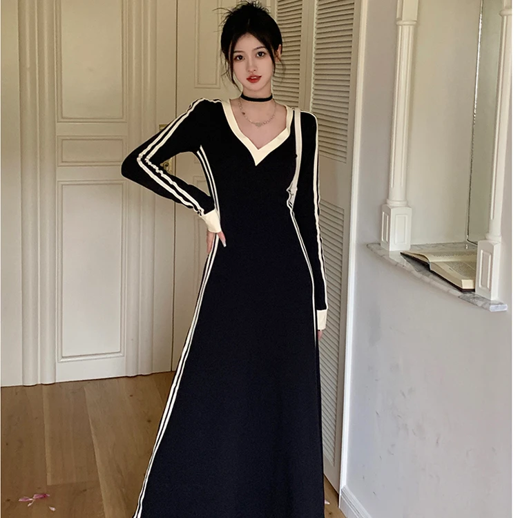 （现货）大码胖mm秋条纹V领长袖t恤打底裙女韩版高级感a字长裙1637