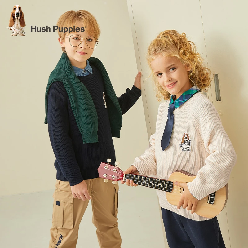 暇步士童装男童女童纯色休闲圆领套头毛衣针织衫