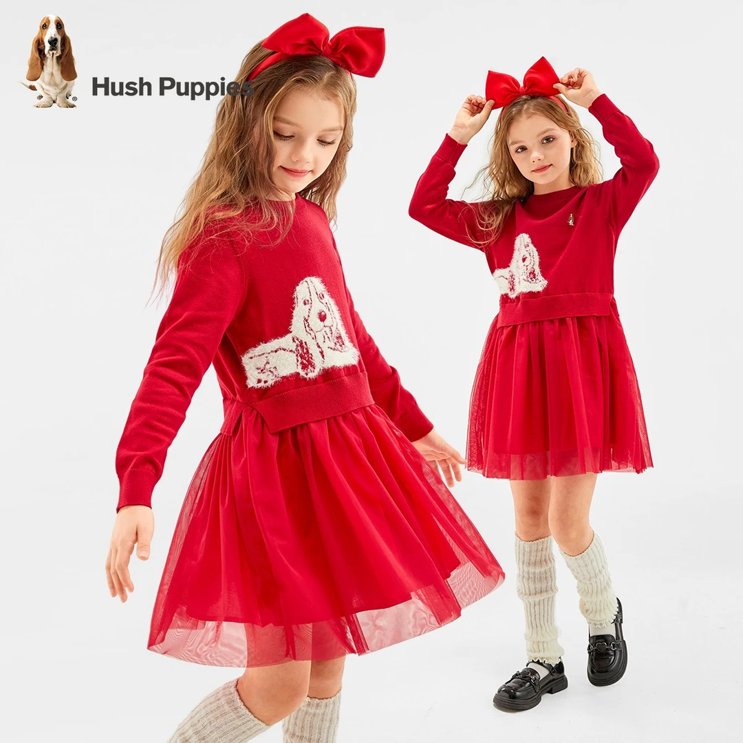 暇步士童装春新款女童红色拜年服长袖连衣裙