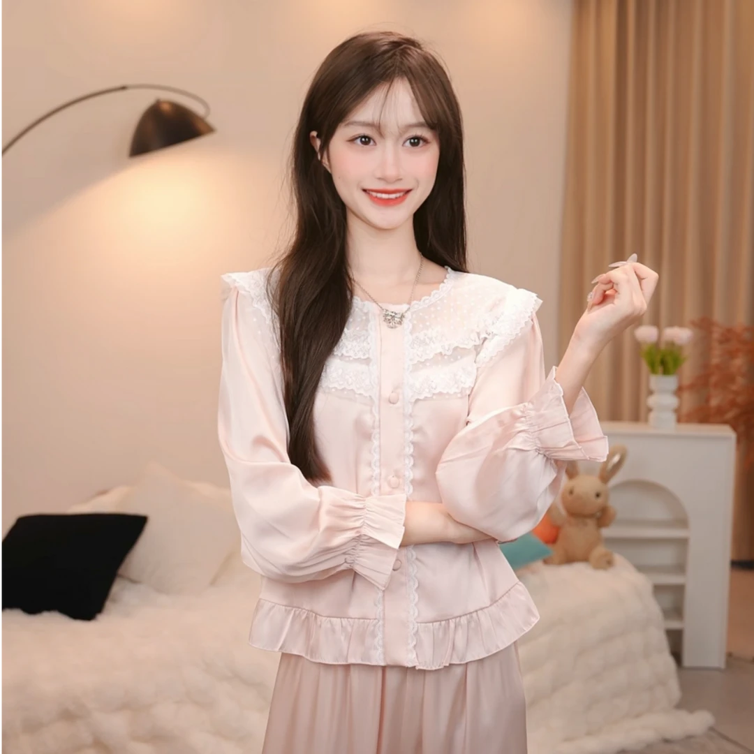 板栗小姐【漫兮】新款女春秋款蕾丝甜美风高级家居服套装可外穿