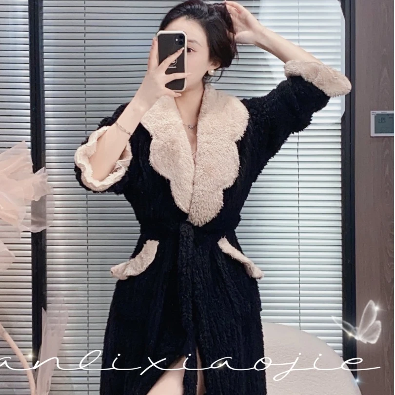 板栗小姐【卿羽D】冬季新款轻奢气质睡袍加厚加绒长款女睡衣家居服