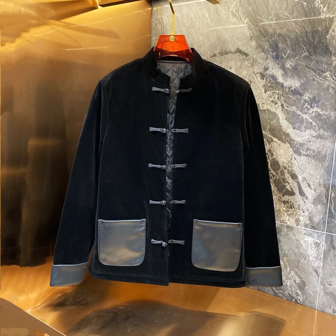 冬季金丝绒盘扣棉衣男中国风男士唐装外套拼皮立领复古立领棉服男